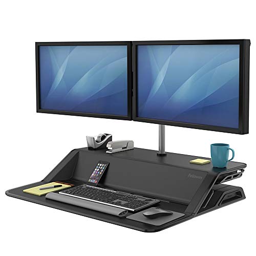 Fellowes Sitz-Steh Desktop Aufsatz Lotus - REGT zu mehr Bewegung bei der Schreibtischarbeit an, mit 22 Höheneinstellungen und Kabelmanagement, ergonomisch, schwarz, 1 Stück von Fellowes