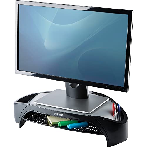 Fellowes Monitorständer Smart Suites Plus, höhenverstellbar, für Monitore bis 21 Zoll, platzsparende dreieckige Form, mit Zubehörfächern von Fellowes