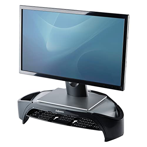 Fellowes Monitorständer Smart Suites Plus, höhenverstellbar, für Monitore bis 21 Zoll, platzsparende dreieckige Form, mit Zubehörfächern von Fellowes