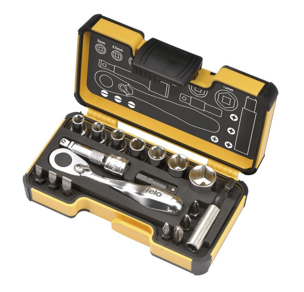 Felo Steckschlüssel XS 18 - Werkzeugsatz 1/4' mit Miniratsche, Bits, S von Felo
