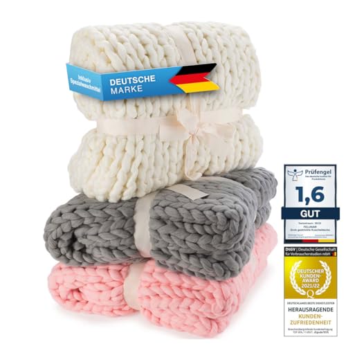 Feluna® Grob gestrickte Kuscheldecke - Grobstrick Wolldecke Strickdecke Tagesdecke Überwurf Decke für Wohnzimmer & Gästezimmer (Elfenbeinweiß) von Feluna