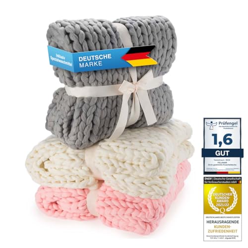 Feluna® Grob gestrickte Kuscheldecke - Grobstrick Wolldecke Strickdecke Tagesdecke Überwurf Decke für Wohnzimmer & Gästezimmer (Wolkengrau) von Feluna