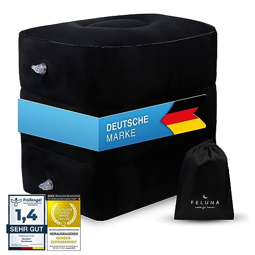 Fußablage Höhen-Kissen für Zug, Auto & Flugzeug - Aufblasbares Fuß-Auflage Reisekissen, Strand- & Campingkissen, Multifunktionskissen bis zu 42x38x45 cm (Schwarz) von Feluna