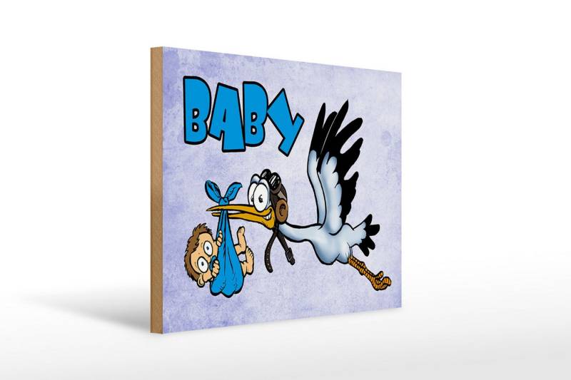 Femer GmbH Holzbild Baby 40x30cm Storch bringt Kind in blau Holz, Familie Freunde (1 St), Glatte Holzfaserplatte (MDF), vorn beschichtet von Femer GmbH