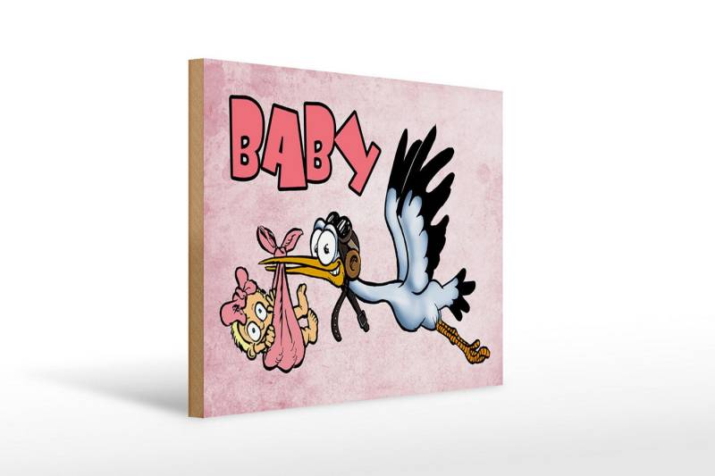 Femer GmbH Holzbild Baby 40x30cm Storch bringt Kind rosa Holz, Familie Freunde (1 St), Glatte Holzfaserplatte (MDF), vorn beschichtet von Femer GmbH