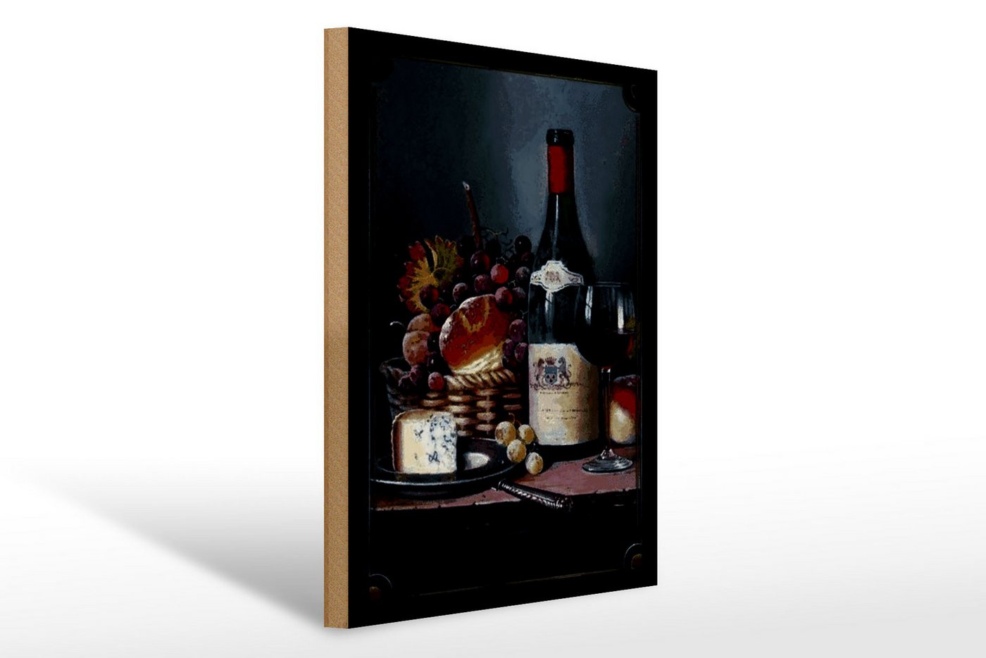 Femer GmbH Holzbild Kunst 30x40cm Stillleben Rotwein Käse Obst, Essen Trinken Genuss, Nostalgie Retro Altes (1 St), Glatte Holzfaserplatte (MDF), vorn beschichtet von Femer GmbH