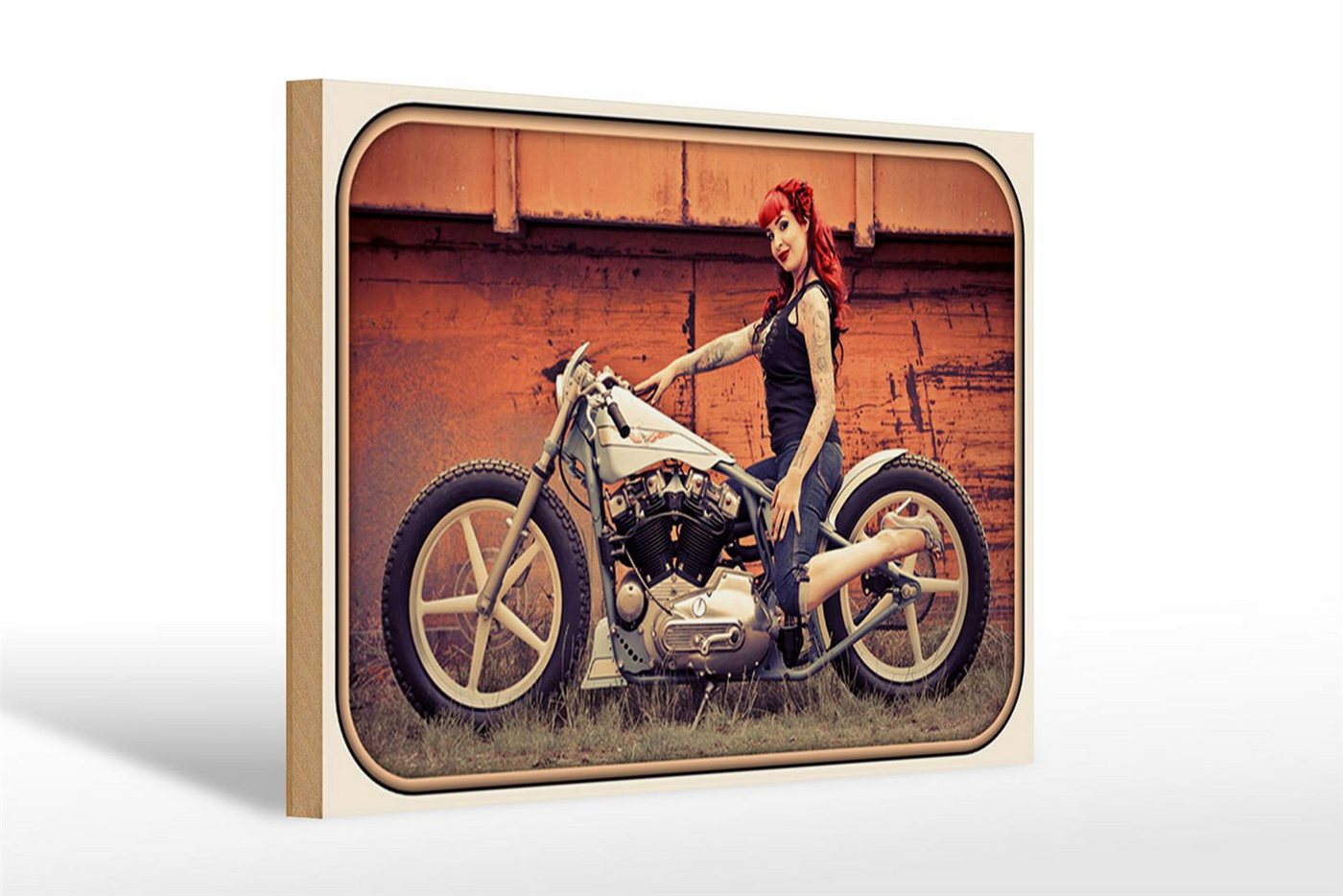 Femer GmbH Holzbild Motorrad 30x20cm Biker Girl Frau Pin up, Auto Motorrad Werkstatt Garage (1 St), Glatte Holzfaserplatte (MDF), vorn beschichtet von Femer GmbH
