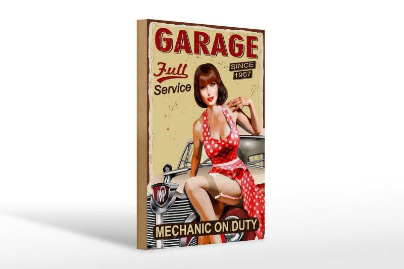 Femer GmbH Holzbild Pinup 20x30cm Retro full Service mechanic Auto, Auto Motorrad Werkstatt Garage, Nostalgie Retro Altes (1 St), Glatte Holzfaserplatte (MDF), vorn beschichtet von Femer GmbH