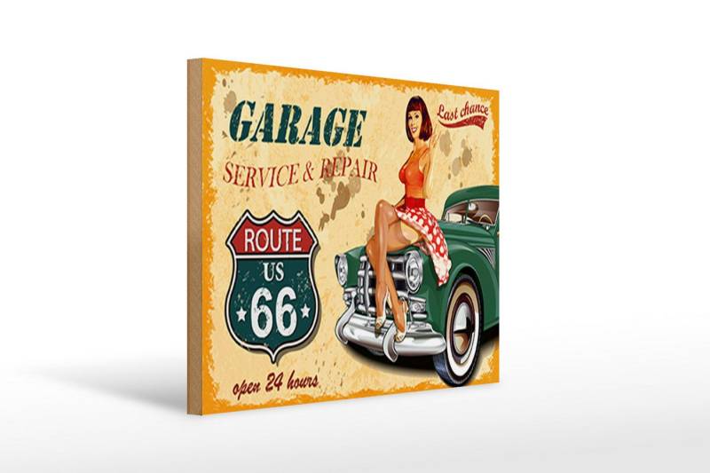 Femer GmbH Holzbild Pinup 40x30cm Retro Garage open 24 hours, Auto Motorrad Werkstatt Garage, Nostalgie Retro Altes (1 St), Glatte Holzfaserplatte (MDF), vorn beschichtet von Femer GmbH
