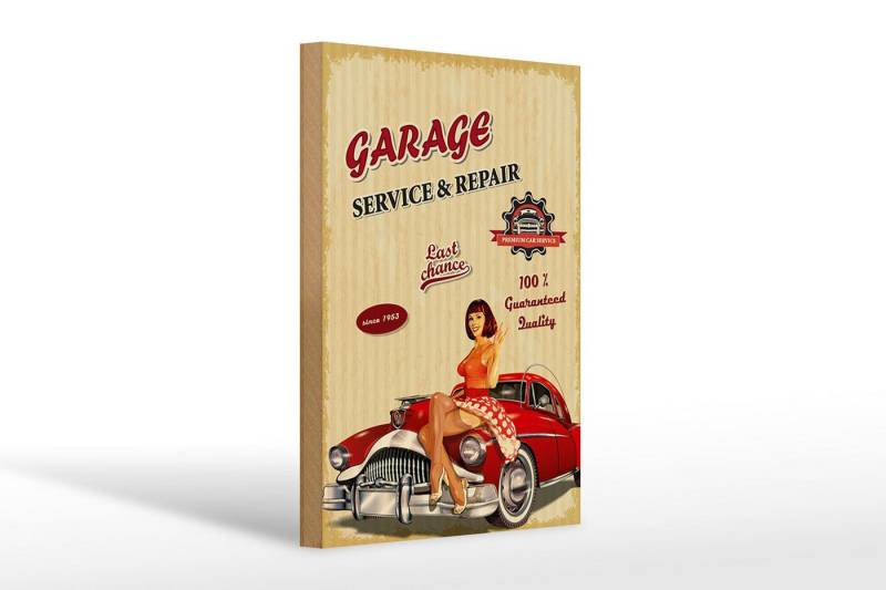 Femer GmbH Holzbild Pinup Retro 20x30cm RGarage Service Repair Auto, Auto Motorrad Werkstatt Garage, Nostalgie Retro Altes (1 St), Glatte Holzfaserplatte (MDF), vorn beschichtet von Femer GmbH