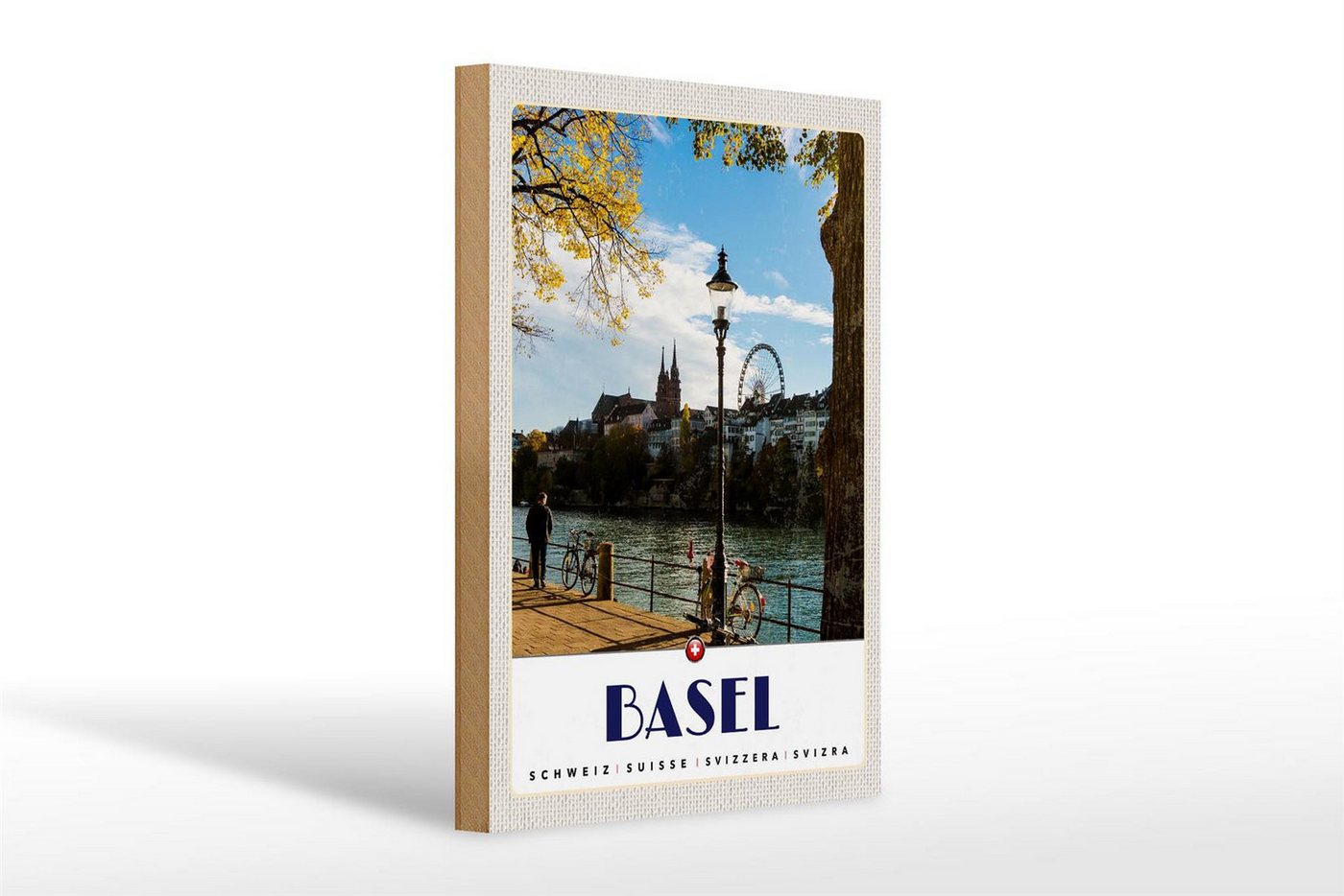 Femer GmbH Holzbild Reise 20x30cm Basel Schweiz Fluss Riesenrad Natur, (1 St), Glatte Holzfaserplatte (MDF), vorn beschichtet von Femer GmbH
