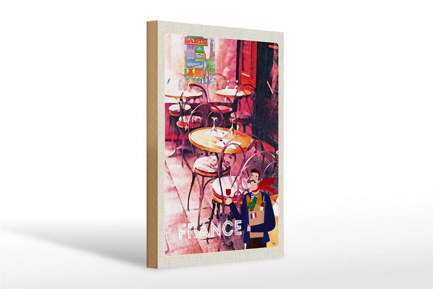 Femer GmbH Holzbild Reise 20x30cm Frankreich Restaurant Gemälde Stühle, (1 St), Glatte Holzfaserplatte (MDF), vorn beschichtet von Femer GmbH