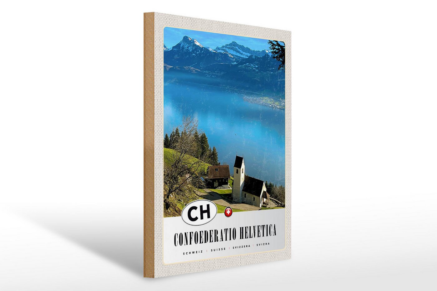 Femer GmbH Holzbild Reise 30x40cm Confoederatio Helvetica Kirche Natur, (1 St), Glatte Holzfaserplatte (MDF), vorn beschichtet von Femer GmbH