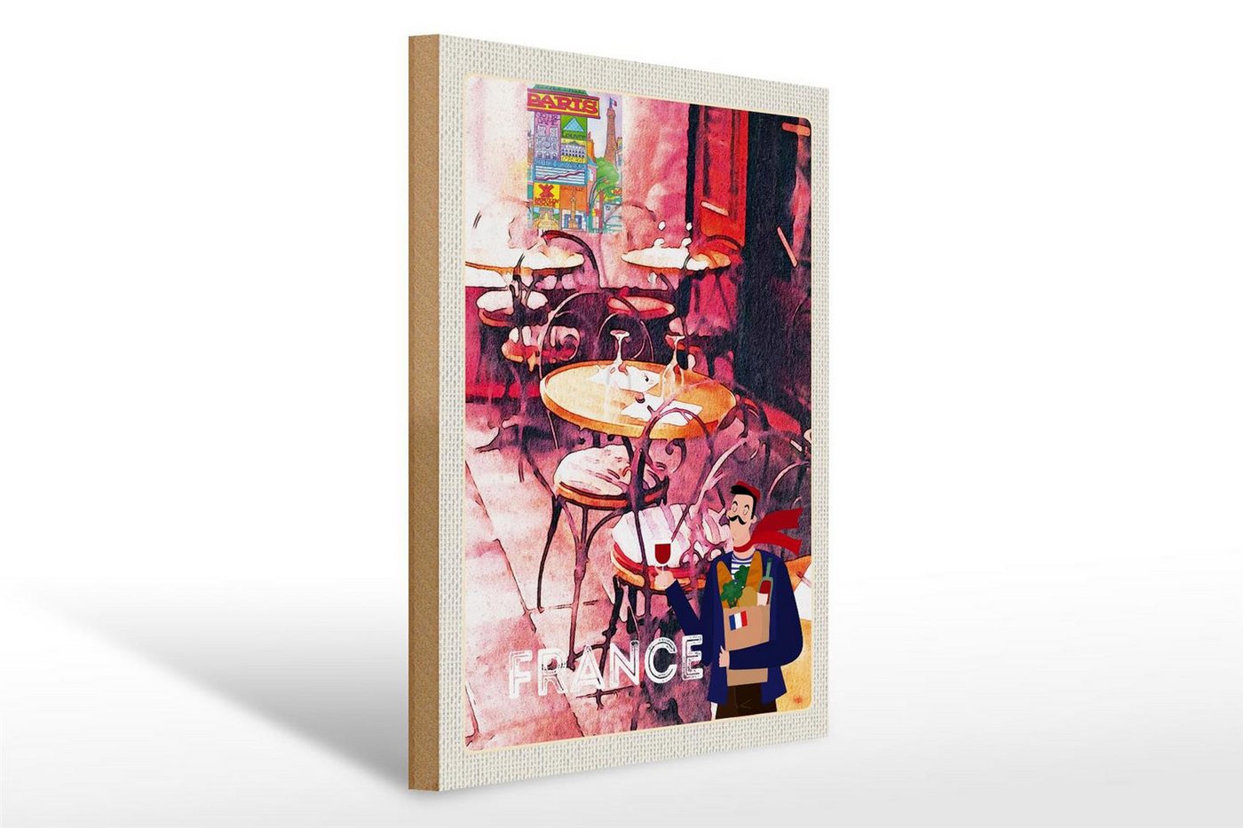 Femer GmbH Holzbild Reise 30x40cm Frankreich Restaurant Gemälde Stühle, (1 St), Glatte Holzfaserplatte (MDF), vorn beschichtet von Femer GmbH