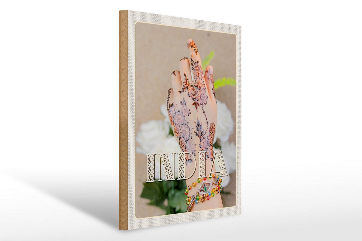 Femer GmbH Holzbild Reise 30x40cm Indien Henna Hand Tradition Blume, (1 St), Glatte Holzfaserplatte (MDF), vorn beschichtet von Femer GmbH