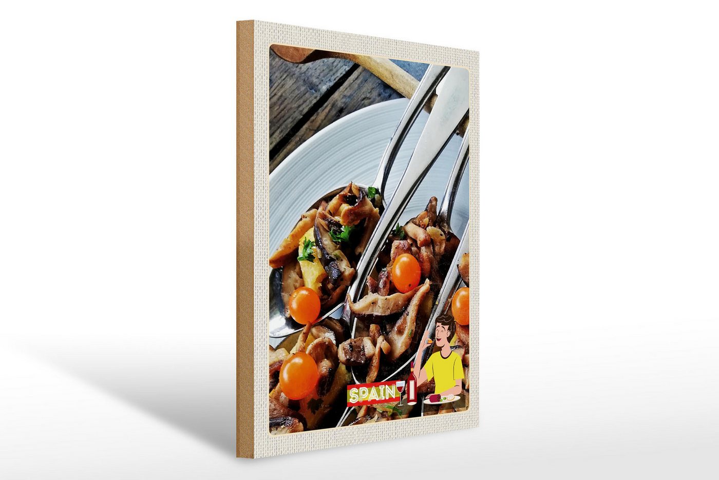 Femer GmbH Holzbild Reise 30x40cm Spanien Europa Tomaten Pilze Teller, (1 St), Glatte Holzfaserplatte (MDF), vorn beschichtet von Femer GmbH