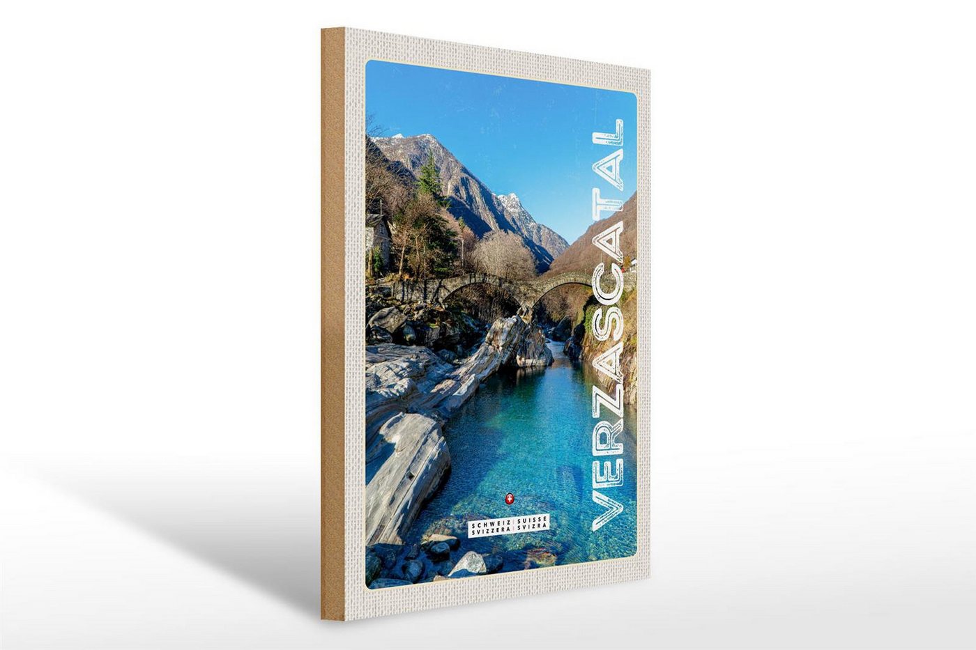 Femer GmbH Holzbild Reise 30x40cm Verzascatal Brücke Gebirge Fluss Natur, (1 St), Glatte Holzfaserplatte (MDF), vorn beschichtet von Femer GmbH