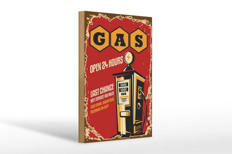 Femer GmbH Holzbild Retro 20x30cm Gas open 24 next service, Auto Motorrad Werkstatt Garage, Nostalgie Retro Altes (1 St), Glatte Holzfaserplatte (MDF), vorn beschichtet von Femer GmbH