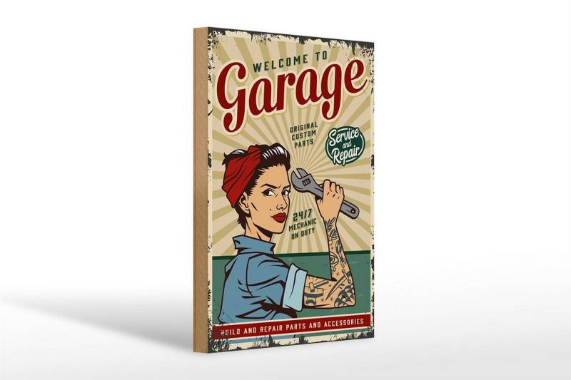 Femer GmbH Holzbild Retro 20x30cm Pinup welcome Garage service 24/7, Auto Motorrad Werkstatt Garage, Nostalgie Retro Altes (1 St), Glatte Holzfaserplatte (MDF), vorn beschichtet von Femer GmbH