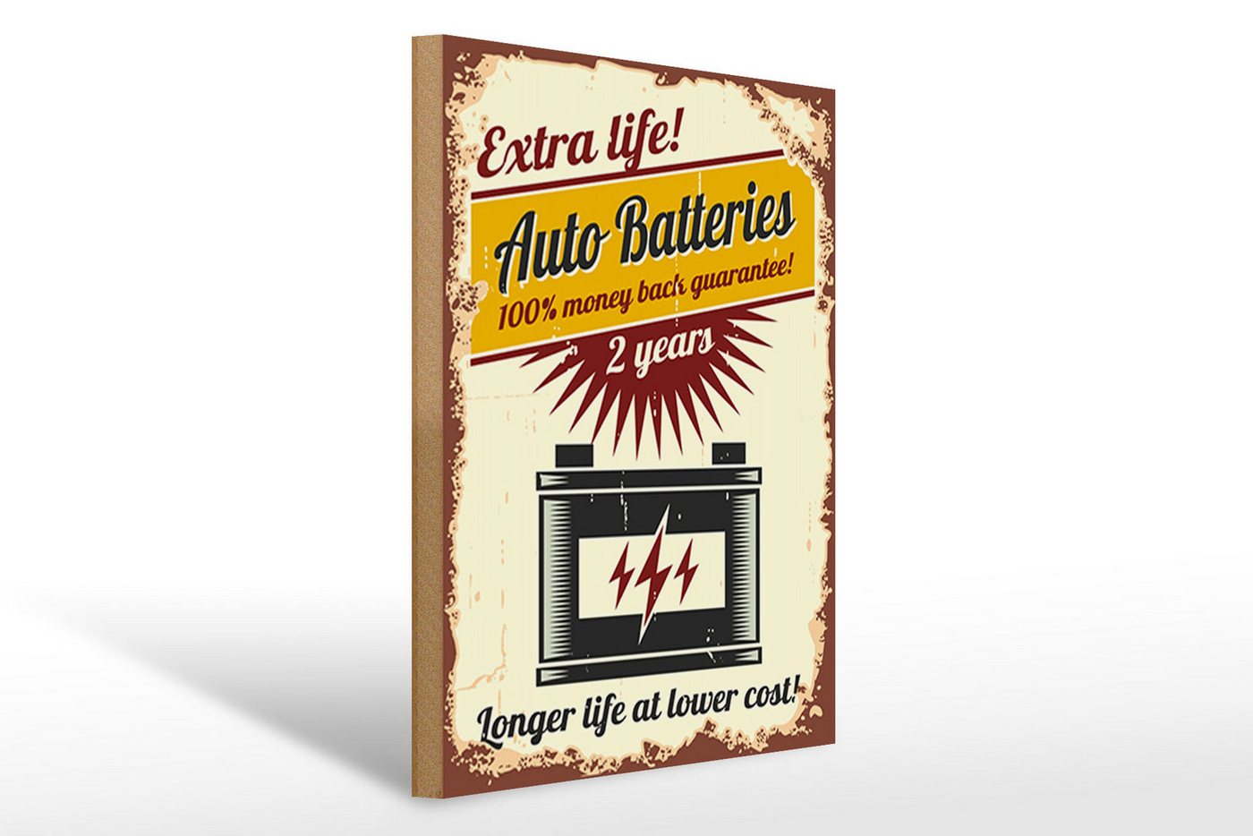 Femer GmbH Holzbild Retro 30x40cm Extra Life Auto Batteries, Auto Motorrad Werkstatt Garage, Nostalgie Retro Altes (1 St), Glatte Holzfaserplatte (MDF), vorn beschichtet von Femer GmbH
