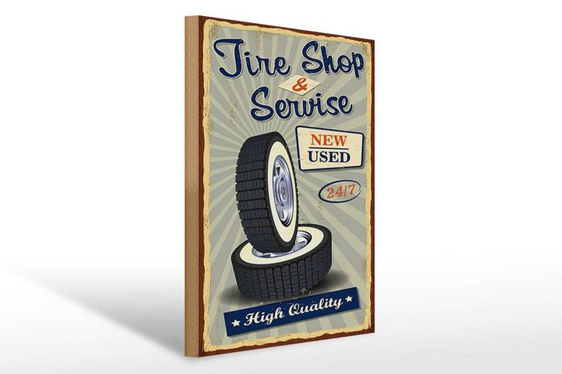 Femer GmbH Holzbild Retro 30x40cm Tire Shop Service 24/7 new used, Auto Motorrad Werkstatt Garage, Nostalgie Retro Altes (1 St), Glatte Holzfaserplatte (MDF), vorn beschichtet von Femer GmbH