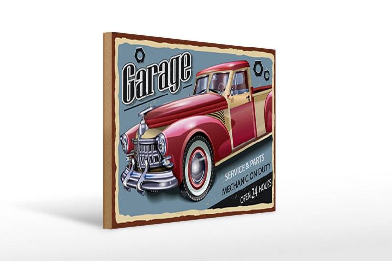 Femer GmbH Holzbild Retro 40x30cm Auto Garage service parts open 24, Auto Motorrad Werkstatt Garage, Nostalgie Retro Altes (1 St), Glatte Holzfaserplatte (MDF), vorn beschichtet von Femer GmbH