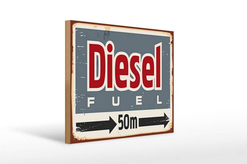 Femer GmbH Holzbild Retro 40x30cm Diesel fuel 50 m, Auto Motorrad Werkstatt Garage, Nostalgie Retro Altes (1 St), Glatte Holzfaserplatte (MDF), vorn beschichtet von Femer GmbH