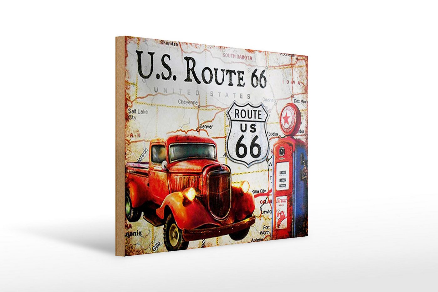Femer GmbH Holzbild Retro 40x30cm US Route 66 Oldtimer Tankstelle, Auto Motorrad Werkstatt Garage, Nostalgie Retro Altes (1 St), Glatte Holzfaserplatte (MDF), vorn beschichtet von Femer GmbH