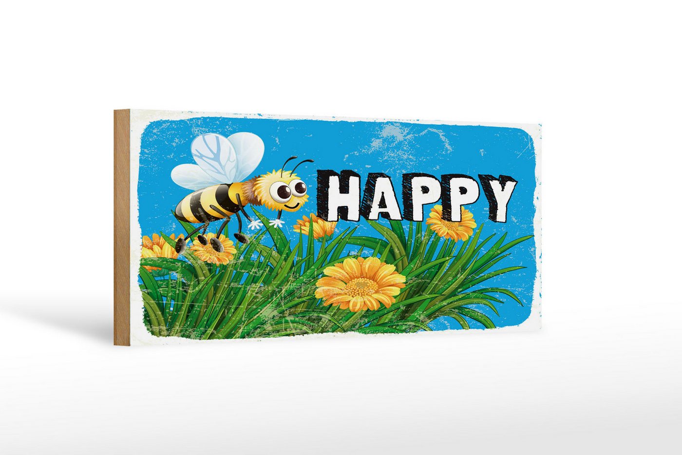 Femer GmbH Holzbild Spruch 27x10 cm Happy Biene Blumen, (1 St), Glatte Holzfaserplatte (MDF), vorn beschichtet von Femer GmbH