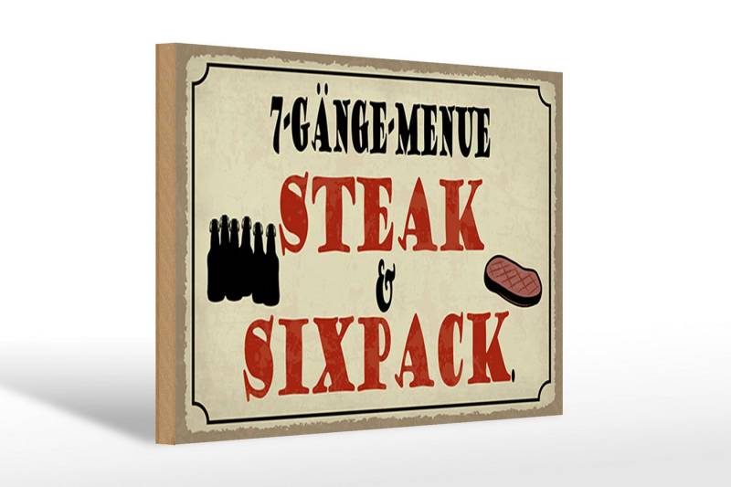 Femer GmbH Holzbild Spruch 30x20cm 7 Gänge Menü Steak Sixpack Grill, Essen Trinken Genuss, Sprüche Zitate Lustiges (1 St), Glatte Holzfaserplatte (MDF), vorn beschichtet von Femer GmbH