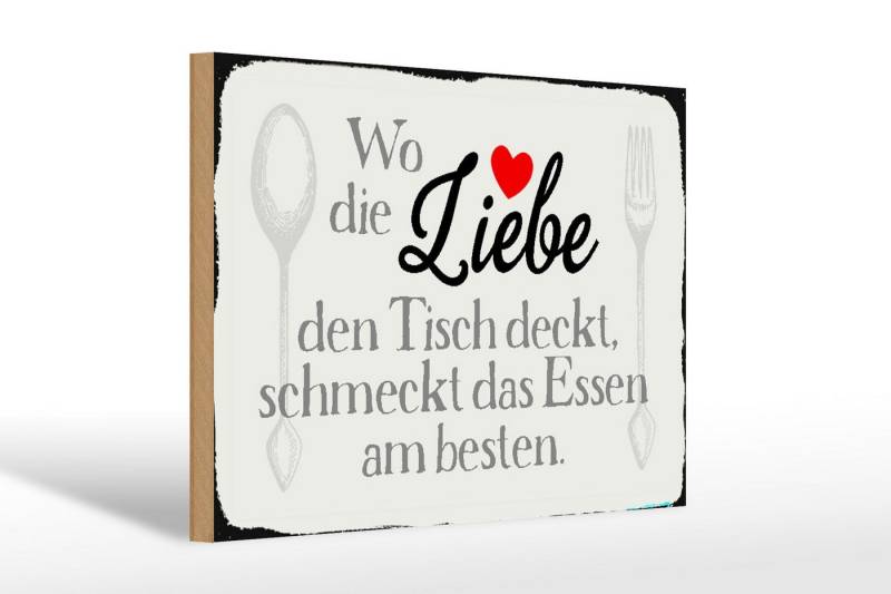 Femer GmbH Holzbild Spruch 30x20cm wo Liebe den Tisch deckt Essen, Sprüche Zitate Lustiges (1 St), Glatte Holzfaserplatte (MDF), vorn beschichtet von Femer GmbH