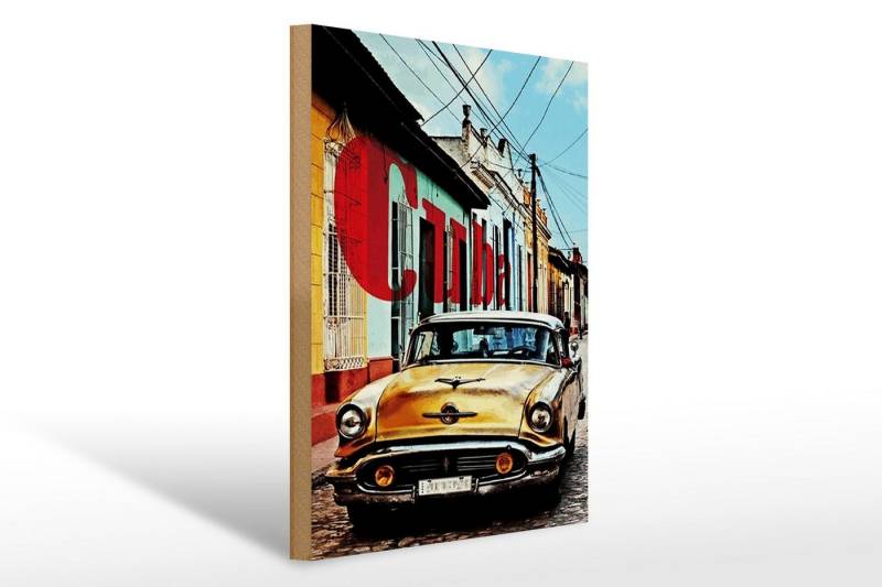 Femer GmbH Holzbild Spruch 30x40cm Cuba altes gelbes Auto Oldtimer, Auto Motorrad Werkstatt Garage (1 St), Glatte Holzfaserplatte (MDF), vorn beschichtet von Femer GmbH