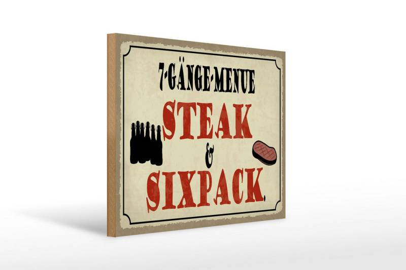 Femer GmbH Holzbild Spruch 40x30cm 7 Gänge Menü Steak Sixpack Grill, Essen Trinken Genuss, Sprüche Zitate Lustiges (1 St), Glatte Holzfaserplatte (MDF), vorn beschichtet von Femer GmbH