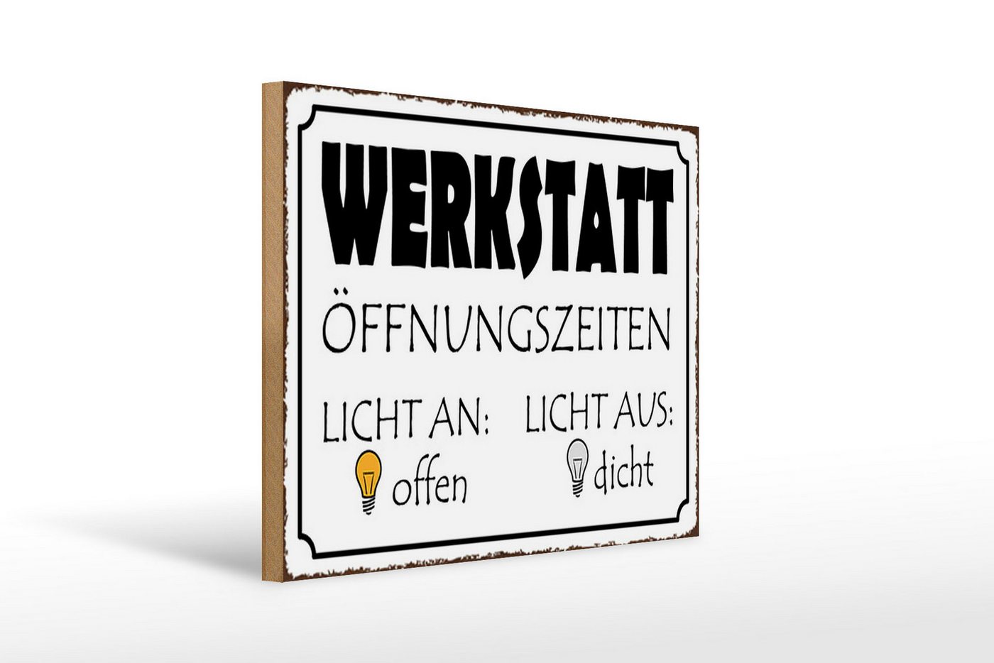 Femer GmbH Holzbild Spruch 40x30cm Werkstatt Licht an offen dicht, Auto Motorrad Werkstatt Garage, Sprüche Zitate Lustiges (1 St), Glatte Holzfaserplatte (MDF), vorn beschichtet von Femer GmbH