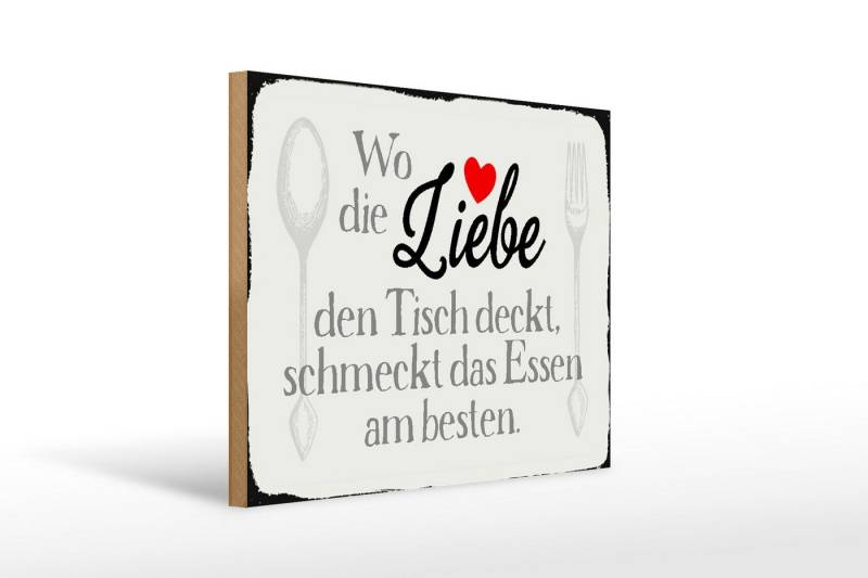 Femer GmbH Holzbild Spruch 40x30cm wo Liebe den Tisch deckt Essen, Sprüche Zitate Lustiges (1 St), Glatte Holzfaserplatte (MDF), vorn beschichtet von Femer GmbH