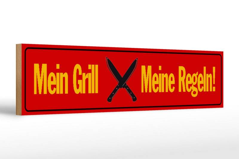 Femer GmbH Holzbild Spruch 46x10cm mein Grill meine Regeln, Camping Sport Hobby Freizeit, Sprüche Zitate Lustiges (1 St), Glatte Holzfaserplatte (MDF), vorn beschichtet von Femer GmbH