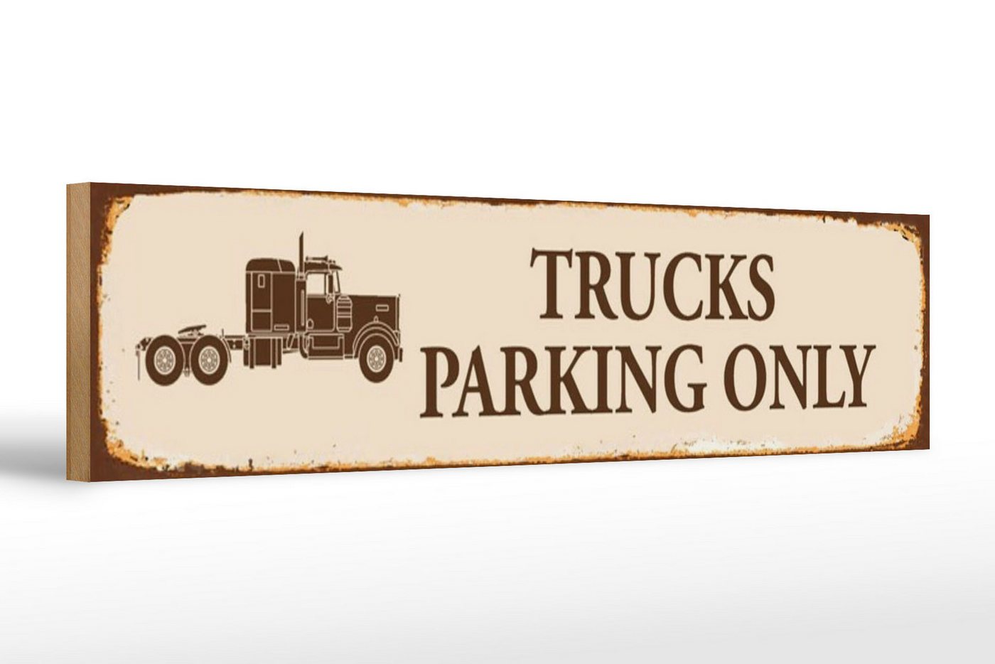 Femer GmbH Holzbild Straßenschild 46x10cm Trucks parking only beige Schild, Auto Motorrad Werkstatt Garage, Parkplatz (1 St), Glatte Holzfaserplatte (MDF), vorn beschichtet von Femer GmbH