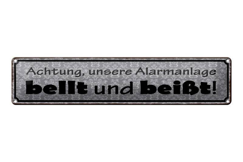 Femer GmbH Metallschild Hinweis 46x10cm Achtung Alarmanlage bellt beißt, (1 St), gewölbte Oberfläche, abgerundete Ecken, umgeschlagene Kanten von Femer GmbH