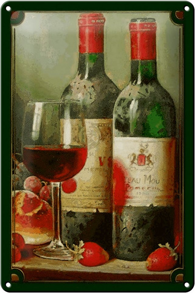 Femer GmbH Metallschild Kunst 20x30cm Stillleben Rotwein Erdbeeren Obst, (1 St), gewölbte Oberfläche, abgerundete Ecken, umgeschlagene Kanten von Femer GmbH