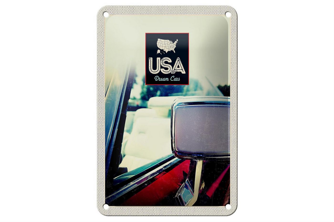 Femer GmbH Metallschild Reise 12x18cm Amerika Fahrzeug Spiegel rot Gemälde Schild, (1 St), gewölbte Oberfläche, abgerundete Ecken, umgeschlagene Kanten von Femer GmbH