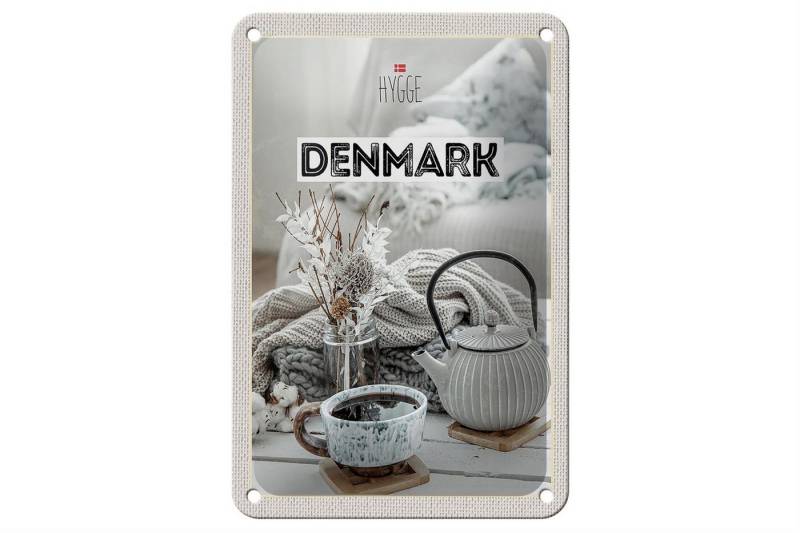 Femer GmbH Metallschild Reise 12x18cm Dänemark weiß Teekanne gemütlich Decke Schild, (1 St), gewölbte Oberfläche, abgerundete Ecken, umgeschlagene Kanten von Femer GmbH