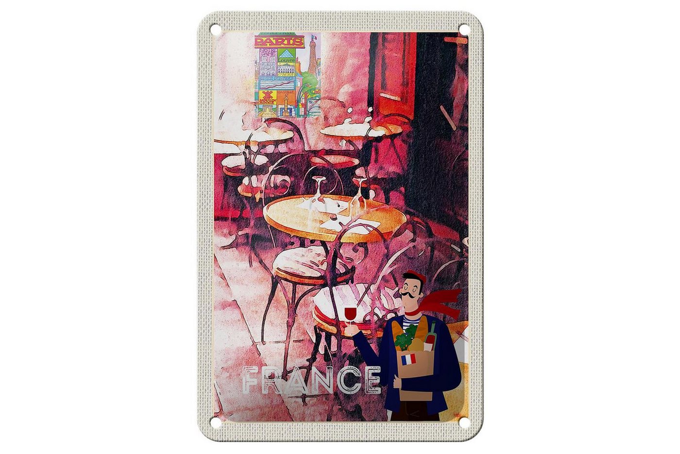 Femer GmbH Metallschild Reise 12x18cm Frankreich Restaurant Gemälde Stühle Schild, (1 St), gewölbte Oberfläche, abgerundete Ecken, umgeschlagene Kanten von Femer GmbH