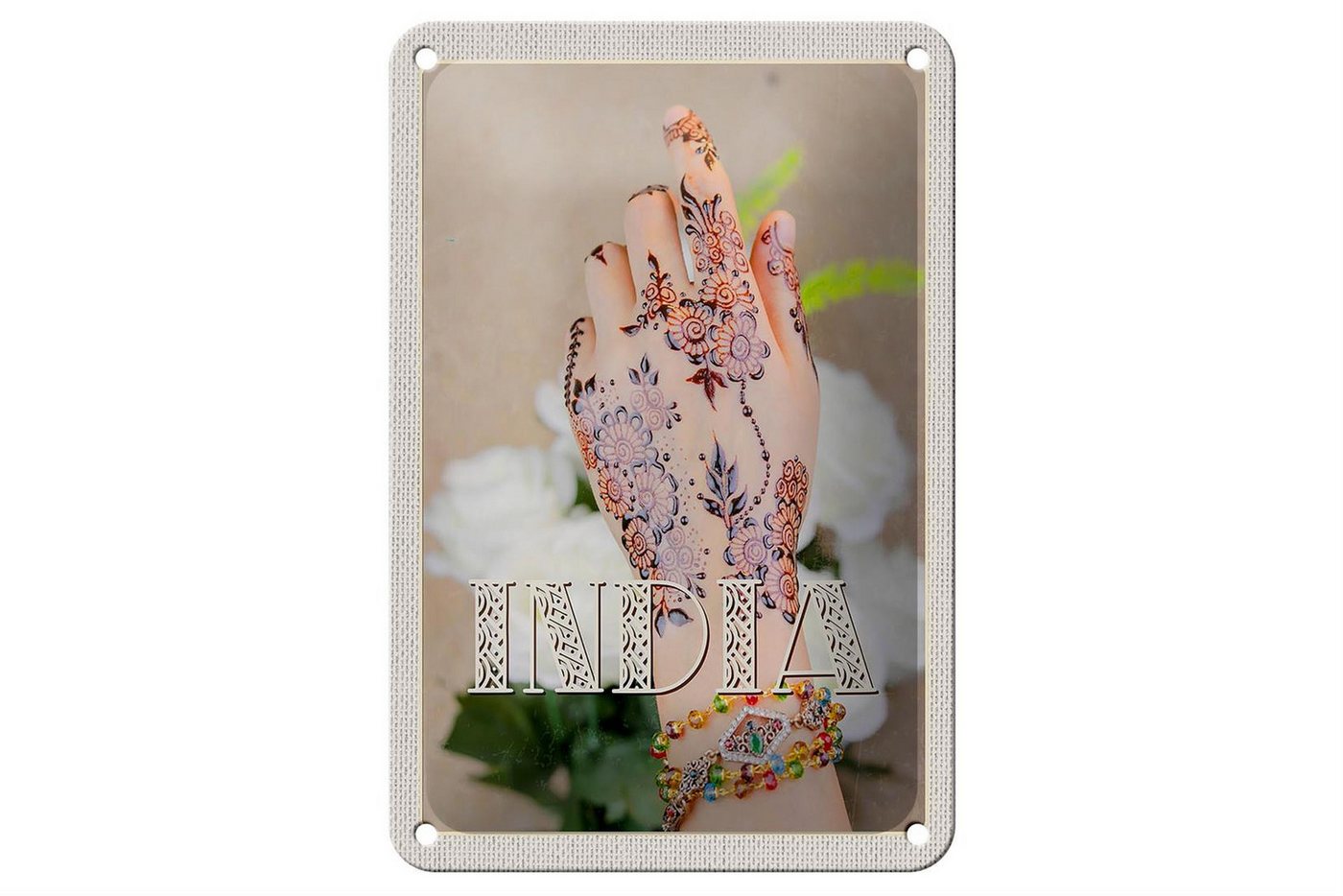 Femer GmbH Metallschild Reise 12x18cm Indien Henna Hand Tradition Blume Schild, (1 St), gewölbte Oberfläche, abgerundete Ecken, umgeschlagene Kanten von Femer GmbH