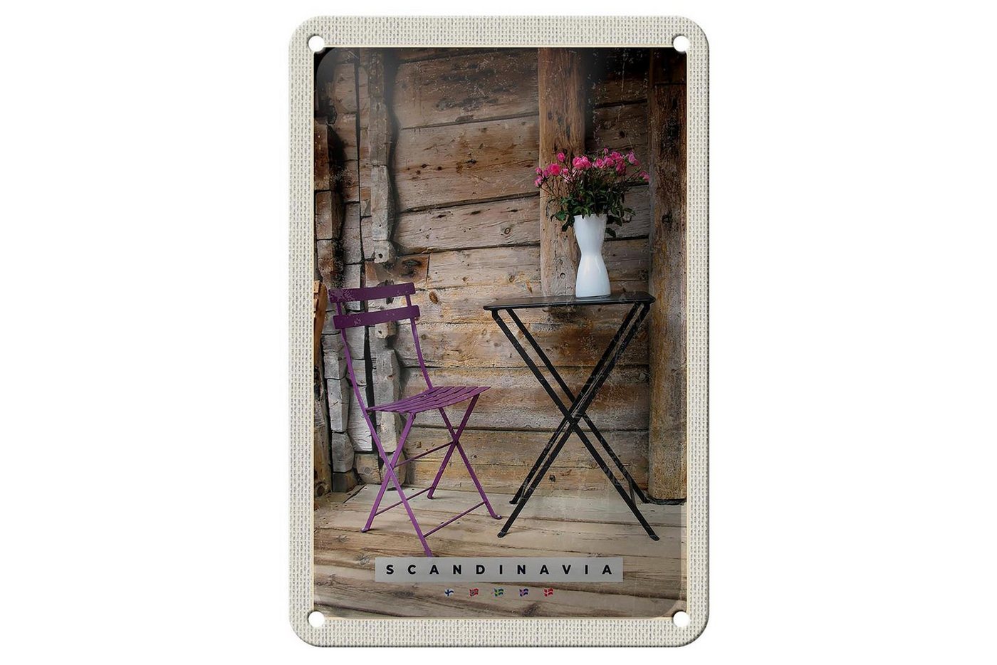 Femer GmbH Metallschild Reise 12x18cm Skandinavien Terrasse Stuhl Tisch Blume Schild, (1 St), gewölbte Oberfläche, abgerundete Ecken, umgeschlagene Kanten von Femer GmbH