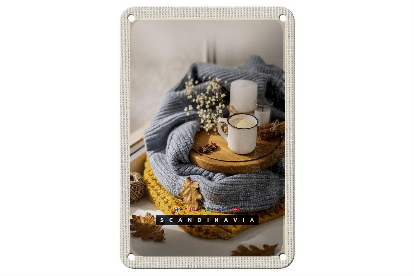Femer GmbH Metallschild Reise 12x18cm Skandinavien Wolle Kaffee Herbst Kerze Schild, (1 St), gewölbte Oberfläche, abgerundete Ecken, umgeschlagene Kanten von Femer GmbH