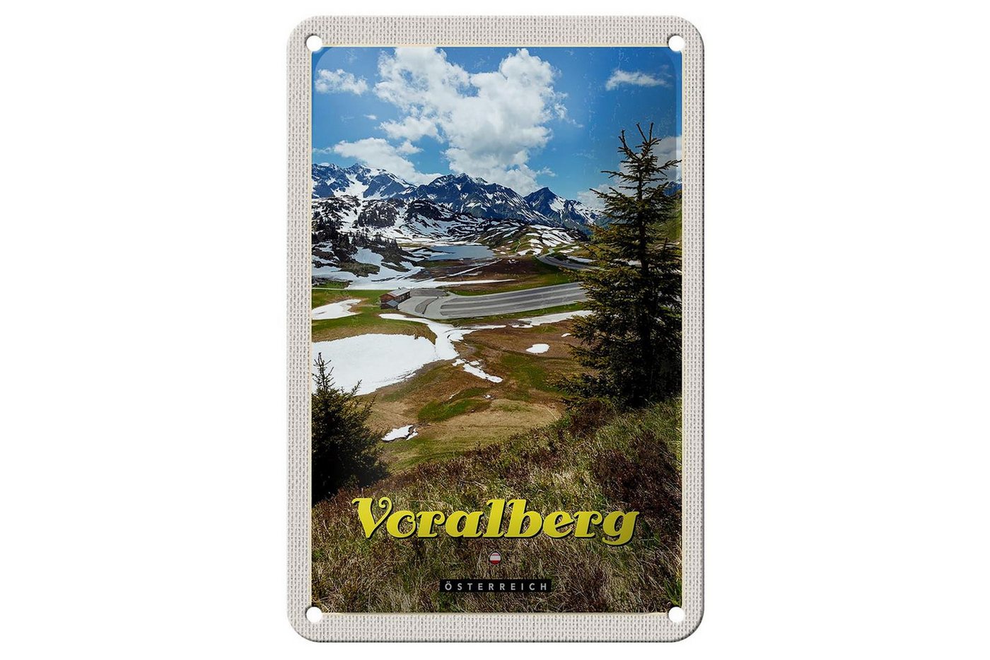 Femer GmbH Metallschild Reise 12x18cm Vorarlberg Österreich Natur Wald Urlaub Schild, (1 St), gewölbte Oberfläche, abgerundete Ecken, umgeschlagene Kanten von Femer GmbH
