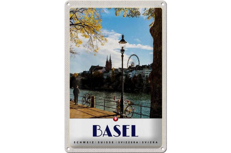 Femer GmbH Metallschild Reise 20x30cm Basel Schweiz Fluss Riesenrad Natur, (1 St), gewölbte Oberfläche, abgerundete Ecken, umgeschlagene Kanten von Femer GmbH