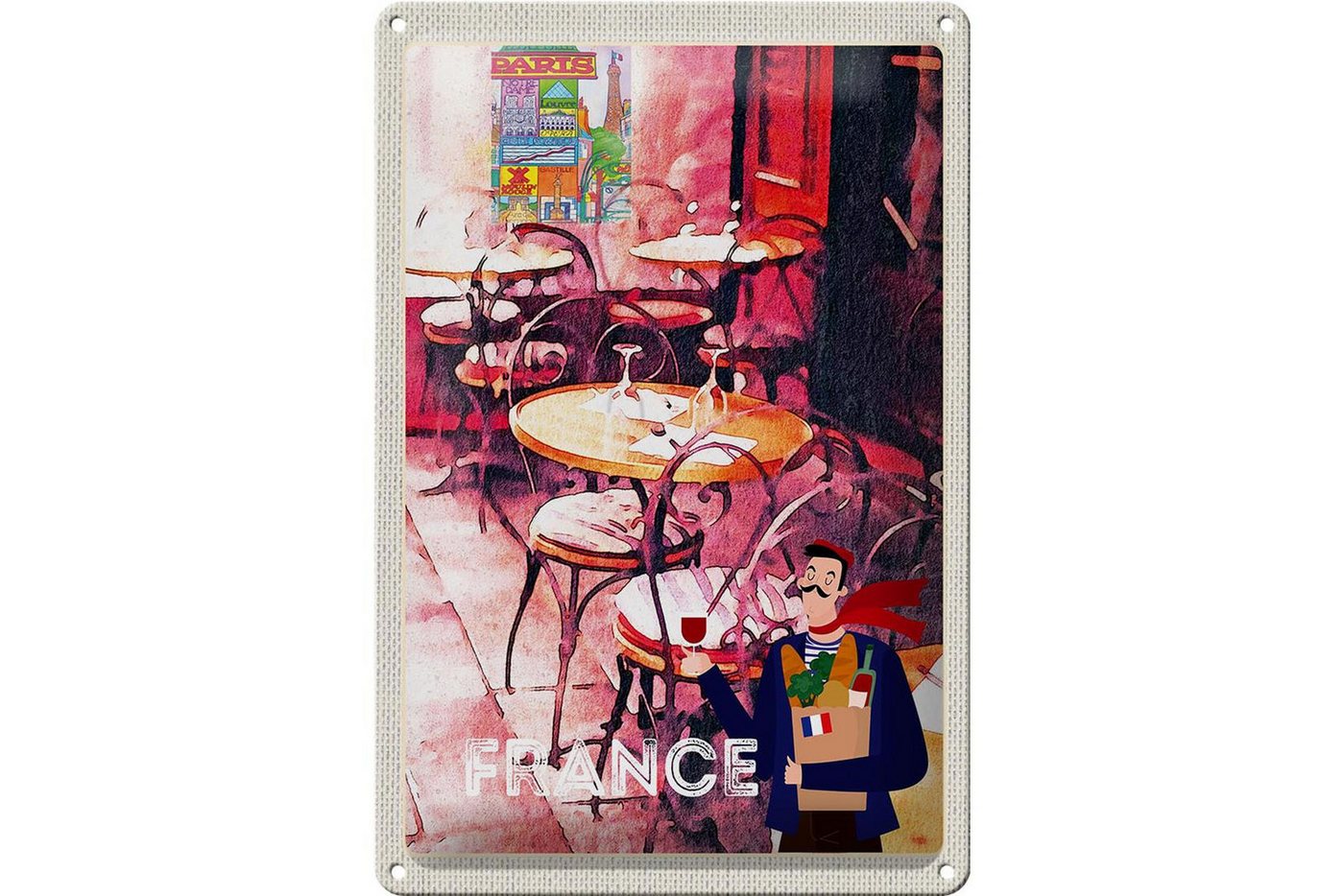 Femer GmbH Metallschild Reise 20x30cm Frankreich Restaurant Gemälde Stühle, (1 St), gewölbte Oberfläche, abgerundete Ecken, umgeschlagene Kanten von Femer GmbH