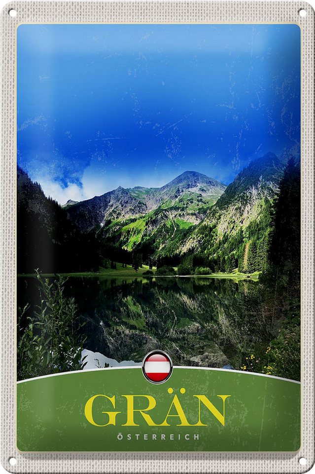 Femer GmbH Metallschild Reise 20x30cm Grän Österreich Wälder See Natur Berg, (1 St), gewölbte Oberfläche, abgerundete Ecken, umgeschlagene Kanten von Femer GmbH