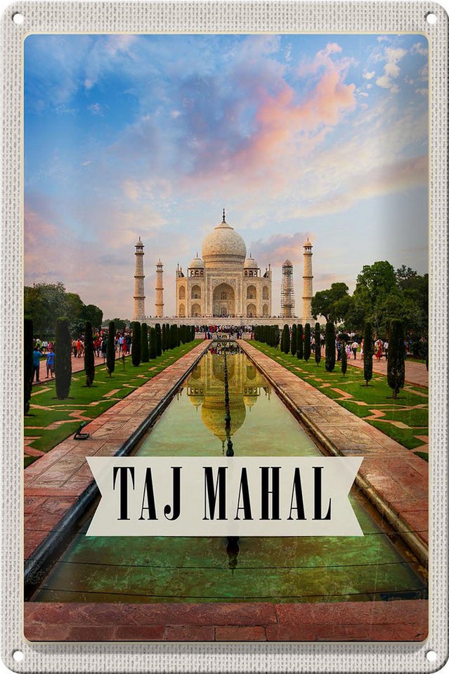 Femer GmbH Metallschild Reise 20x30cm Indien Taj Mahal Agra Garten Bäume, (1 St), gewölbte Oberfläche, abgerundete Ecken, umgeschlagene Kanten von Femer GmbH